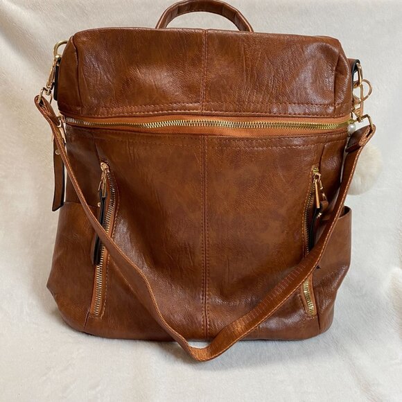 Brown Faux Leather Backpack With Gold Accents Multiple Zipper Pockets Adjustable - Picture 6 of 8